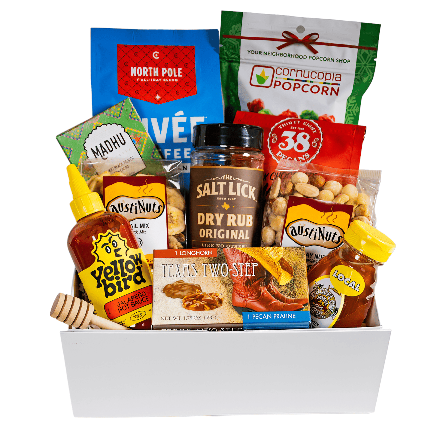 Happy Holidays from Texas Gift Box with coffee, popcorn, pecans, BBQ rub, chocolate, and artisan holiday treats.