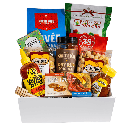 Happy Holidays from Texas Gift Box with coffee, popcorn, pecans, BBQ rub, chocolate, and artisan holiday treats.