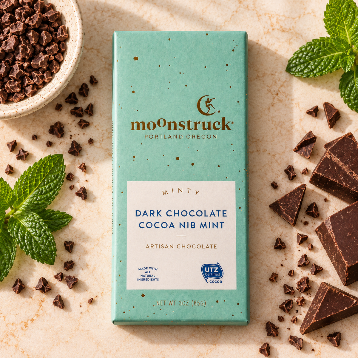 Moonstruck Minty Dark Chocolate Cocoa Nib Mint Bar