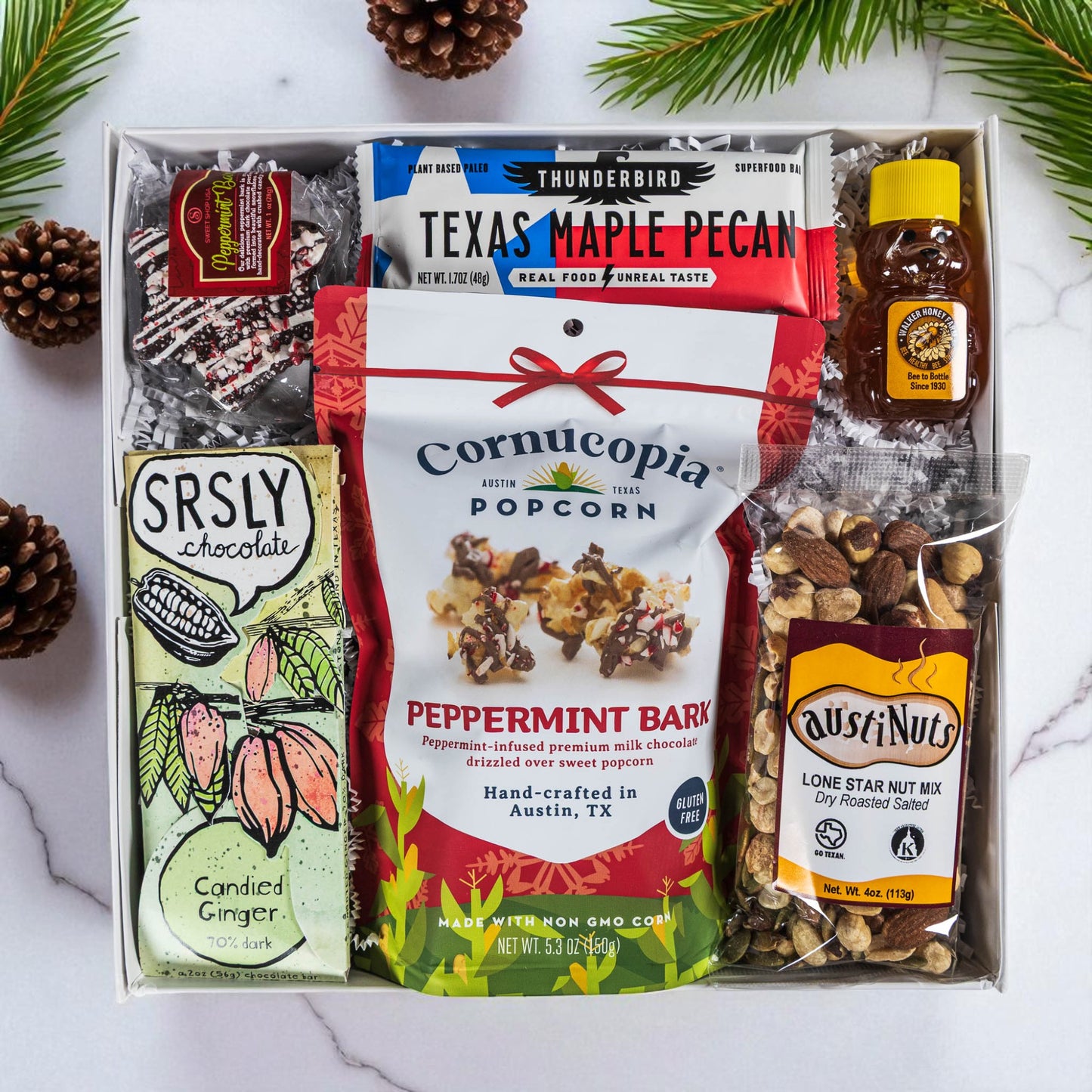 Texas Christmas Gift Box with artisan sweets, savory snacks, and gourmet treats in white luxury packaging