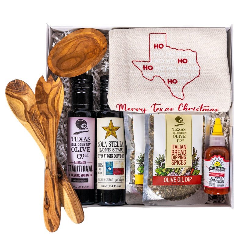 Texas Christmas Gift Box with Texas Hill Country Olive Oil, hot sauce and dips
