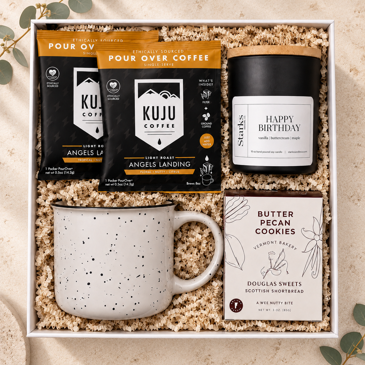 Birthday Coffee Gift Box: Kuju pour-over coffee, Happy Birthday candle, speckled camp mug and butter pecan cookies in a white box