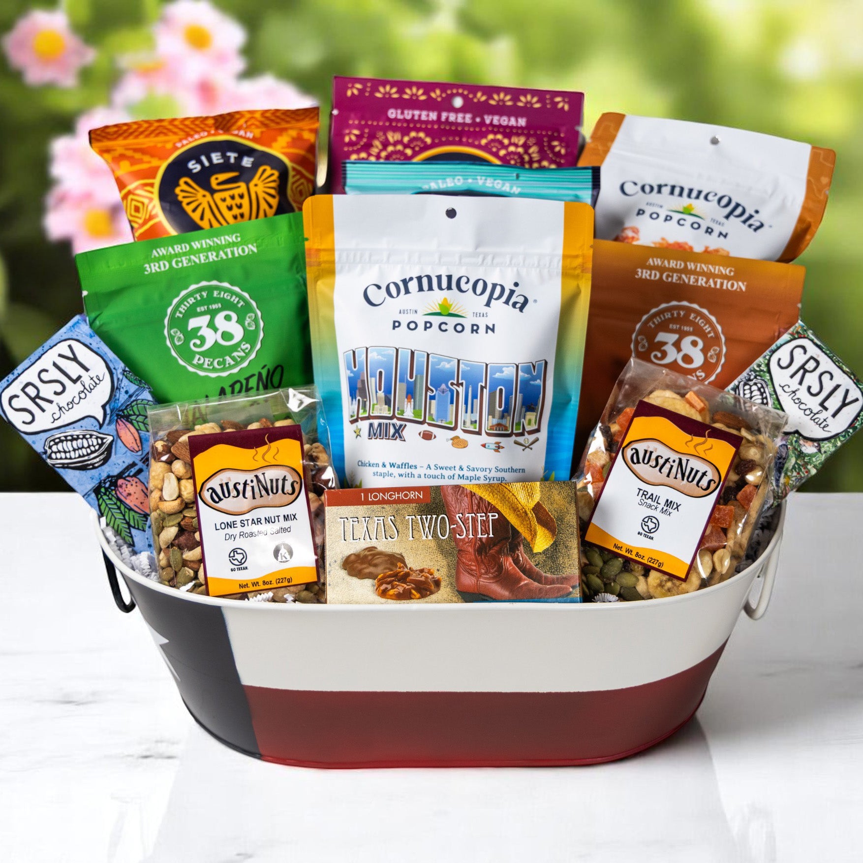 Houston gift baskets packed with cinnamon pecans, small-batch chocolate handcrafted in Texas, and local Texas food