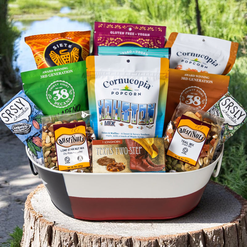 Houston gift baskets packed with jalapeno pecans, small-batch chocolate handcrafted in Texas, and local treats