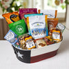 Houston gift basket packed with Texas pecans, small-batch chocolate handcrafted in Texas, trail mix and local snacks