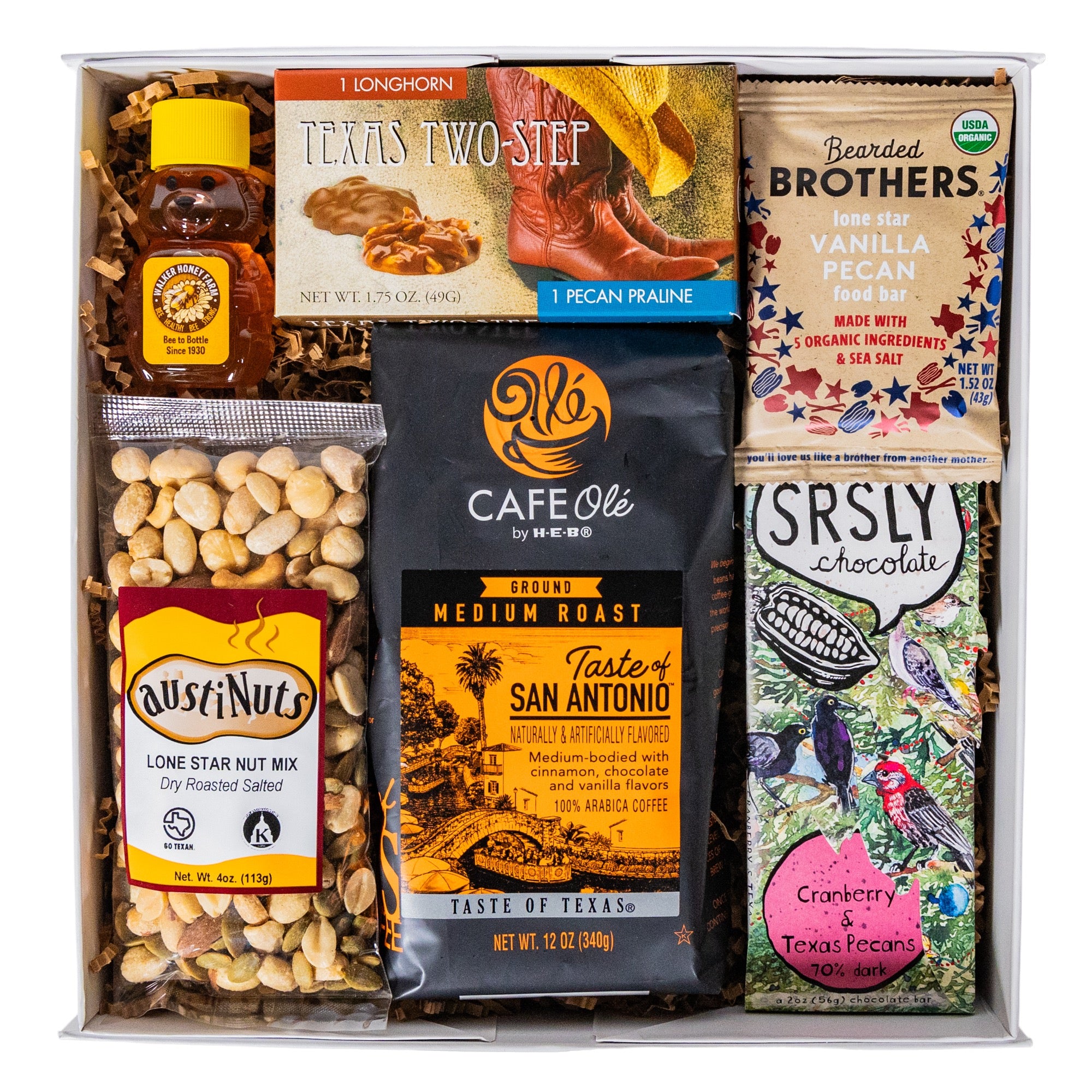 San Antonio Gift Basket filled with pralines, San Antonio coffee, chocolate and honey