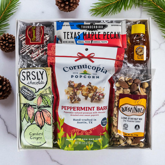 Texas Christmas Gift Box with artisan sweets, savory snacks, and gourmet treats in white luxury packaging