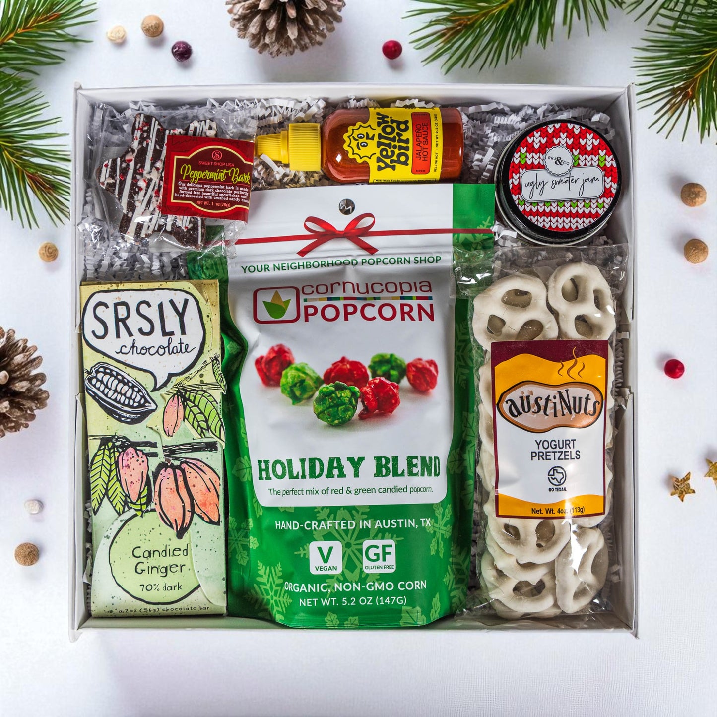 Assorted Texas holiday snacks in luxury gift box
