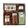 ATX Gift Box | Texas Gift Basket Koozie, leather can cooler, Austin, Fruit and Nut Mix, Pecan Praline, Hot pepper jelly, chocolate bar. The Artisan Gift Boxes 