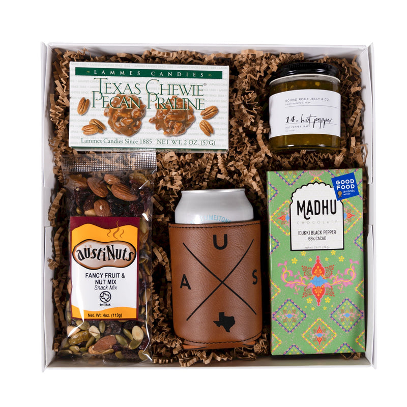 ATX Gift Box | Texas Gift Basket Koozie, leather can cooler, Austin, Fruit and Nut Mix, Pecan Praline, Hot pepper jelly, chocolate bar. The Artisan Gift Boxes 