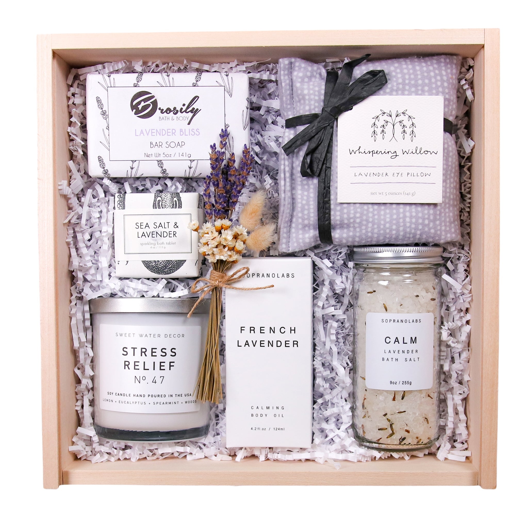 Lavender Spa Gift Box | Relax and Recharge Lavender bath salt, body oil, lavender soap, eye pillow, candle The Artisan Gift Boxes 