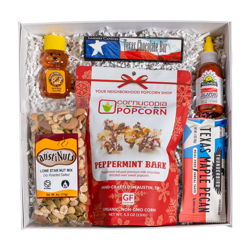 Texas Snacks Gift Box Texas Food gift baskets The Artisan Gift Boxes Peppermint Bark Popcorn 