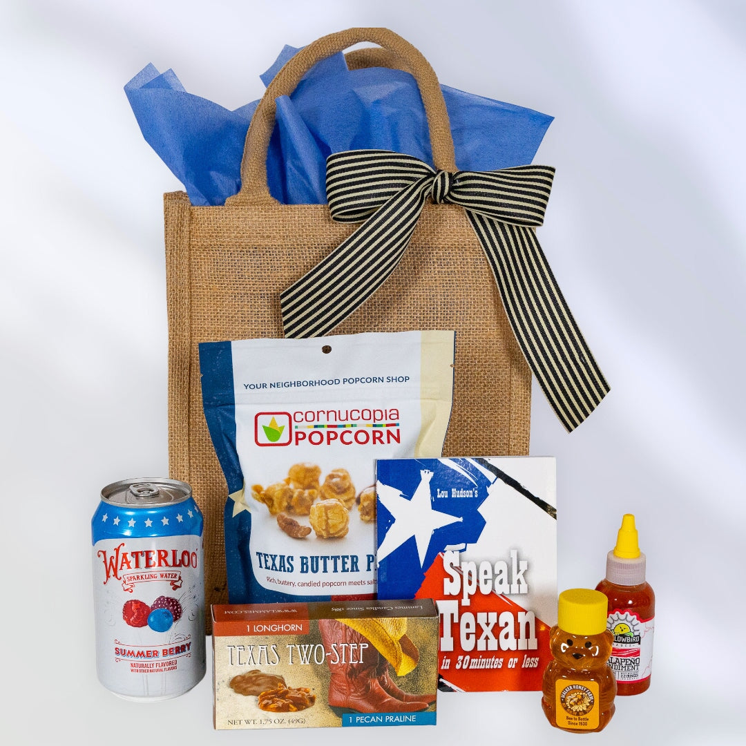Texas Two-Step Gift Bag Chips, Salsa, Chocolate, Texas Gift Basket, Texas Coffee, Texas Pecans, Hot Sauce, Popcorn, Texas Flag Tub. The Artisan Gift Boxes 